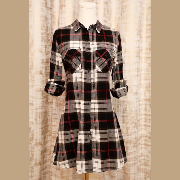 Love Tree B/W Flannel Shirt Dress w/Hoodie Collar Size S (belt not included) - Picture 7 of 8